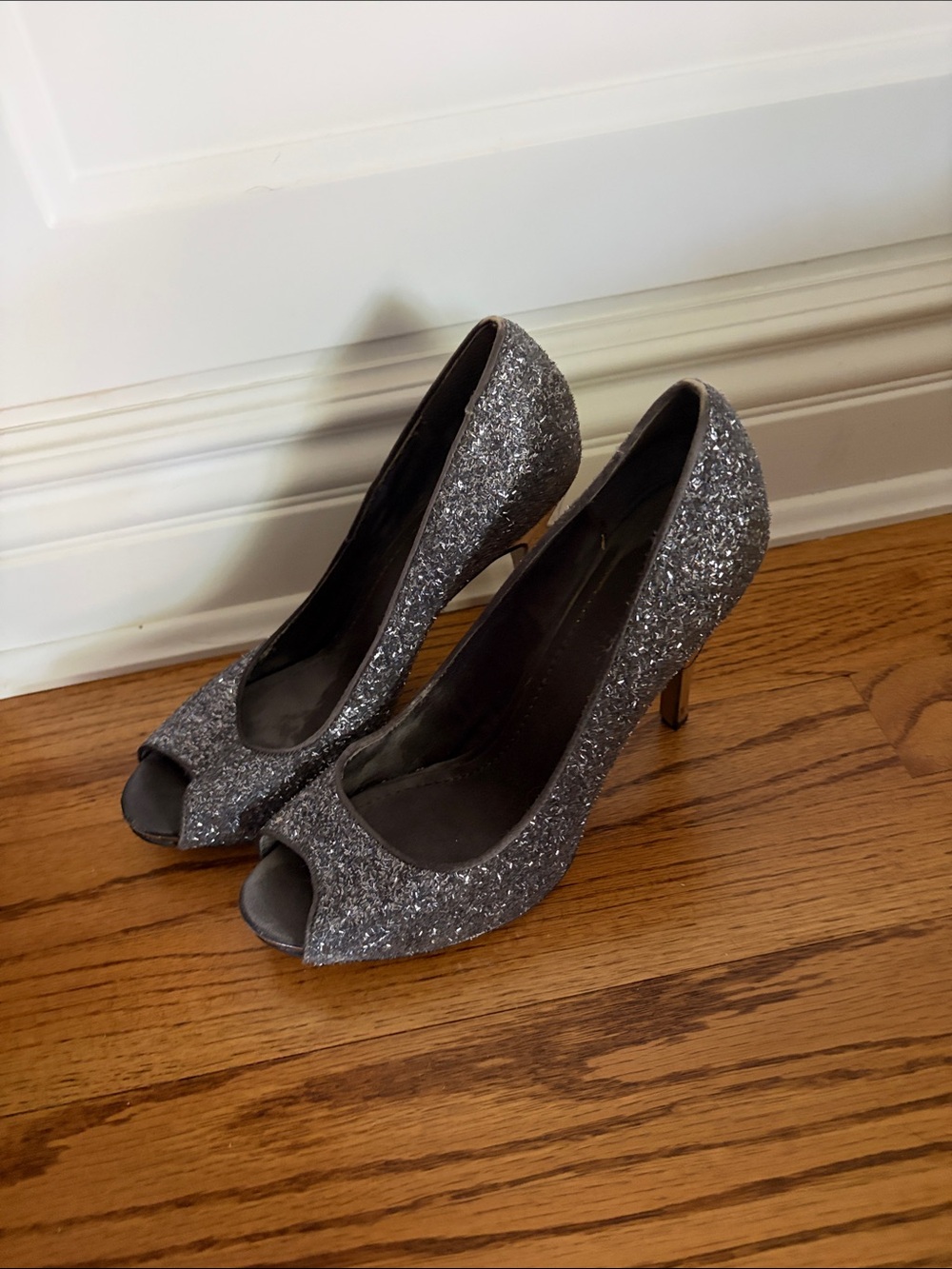 Nine West Silver Glitter Peep-Toe Stiletto Heels